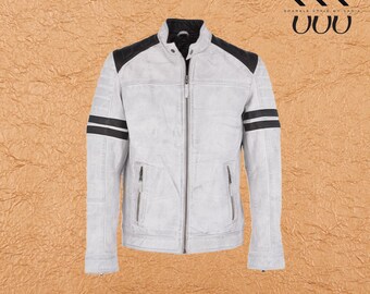 Handmade Men’s Cafe Racer Biker Jacket | Black White Striped Leather Motorcycle Jacket | Vintage Style Genuine Leather Outerwear
