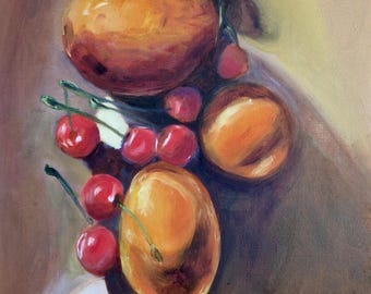 Mangoes,  Cherries, and Oranges. Still life, oil on canvas board.