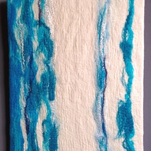 Into the blue – Felt art wall panel wool and silk in blue and white