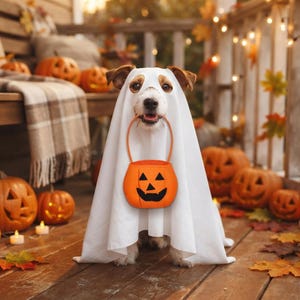 May include: A dog wearing a white ghost costume made of a sheet with eye holes cut out. The dog is holding an orange plastic pumpkin-shaped candy bucket with a black jack-o'-lantern face in its mouth, positioned against a festive autumn background.