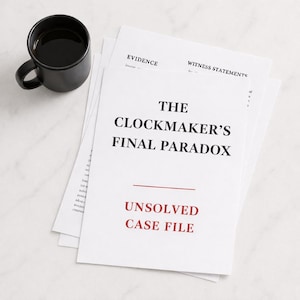 Peut inclure: Une tasse à café noire est posée à côté d'une pile de papiers blancs. Le document supérieur affiche "THE CLOCKMAKER'S FINAL PARADOX" avec "UNSOLVED CASE FILE" en rouge. D'autres textes sont visibles sur les papiers.