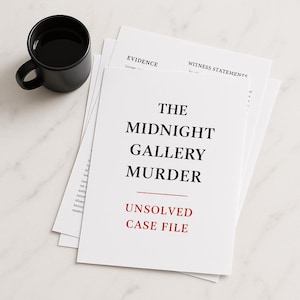 Puede incluir: Una taza negra llena de un líquido oscuro se encuentra junto a una pila de papeles blancos. Los papeles dicen "The Midnight Gallery Murder" y "Unsolved Case File" en texto negro y rojo.