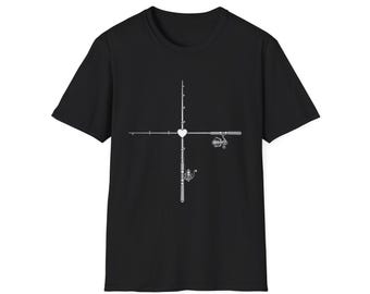 T-shirt con croce e canna da pesca, abbigliamento minimalista per pescatori, regalo per appassionati di pesca.