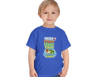 Maglietta da pesca per bambini, Maglietta per bambini "Here Fishy", Maglietta divertente da pesca per bambini