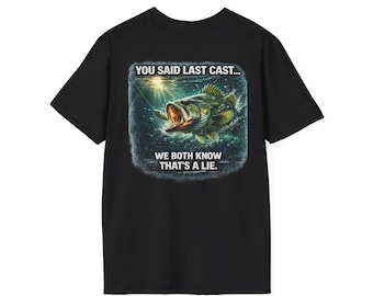 Maglietta da pesca "Last Cast Bass Fishing", maglietta grafica da pescatore, maglietta divertente da pesca