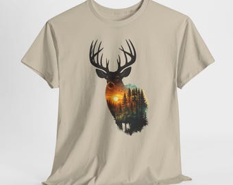 Maglietta con silhouette di cervo al tramonto / Maglietta con paesaggio forestale e natura