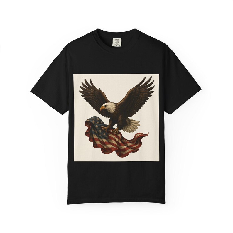 A black short-sleeved t-shirt with a graphic of a bald eagle with outstretched wings carrying a folded American flag in its talons.