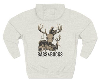Felpa con cappuccio da pesca al black bass con teschio di cervo – Regalo per cacciatori e pescatori – Maglione rustico da caccia