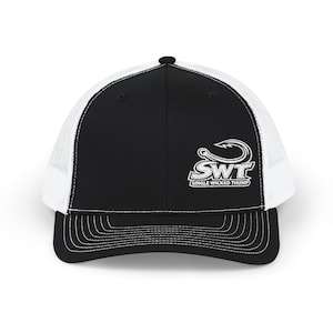 May include: Black and white trucker hat with a curved brim. The front panel is black, with a white embroidered logo of a fish hook and the letters "SWT" above the words "SINGLE WICKED THUMP". The mesh back is white, and the hat has a snap closure.