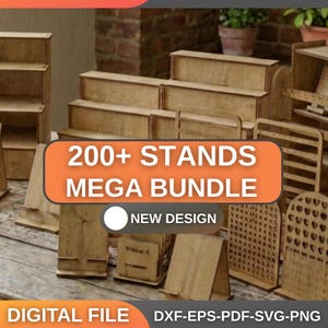 Puede incluir: Una colección de varios expositores de madera, incluyendo estantes escalonados, soportes angulados y expositores para pendientes. La imagen presenta el texto "200+ STANDS MEGA BUNDLE" y "NEW DESIGN". Formatos de archivo digital: DXF-EPS-PDF-SVG-PNG.