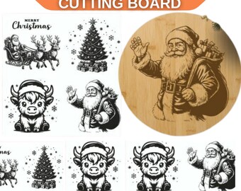 5+ Files Christmas Cutting Board Engraving SVG, Santa Claus Kitchen Board Bundle, Farmhouse Xmas Charcuterie Glowforge Engrave File