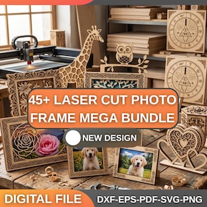Pode incluir: Uma coleção de molduras de fotos de madeira cortadas a laser e itens decorativos. A imagem inclui uma girafa, uma coruja e molduras com desenhos florais e geométricos. O texto na imagem diz "45+ LASER CUT PHOTO FRAME MEGA BUNDLE" e "DIGITAL FILE".