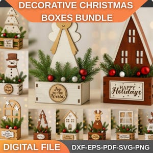 May include: A collection of decorative Christmas boxes. The boxes feature various designs, including a Christmas tree, snowman, angel, house, and reindeer. Each box is filled with greenery and red and white ornaments. The text "Happy Holidays", "Joy to the World", and "Merry Christmas" are visible.
