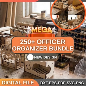 May include: An image showcasing a digital file bundle of wooden office organizers. The image includes various designs, such as desk organizers, pen holders, and wine racks. Text on the image reads "250+ OFFICER ORGANIZER BUNDLE" and "DIGITAL FILE".