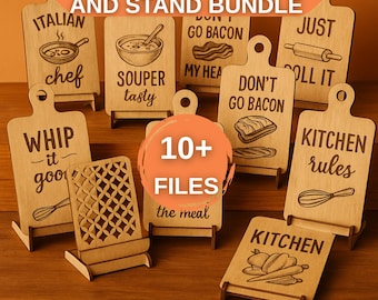 May include: A collection of wooden cutting board-shaped signs with various kitchen-themed phrases and illustrations. The signs include text like "Italian chef," "Don't go bacon," and "Kitchen rules." A wooden tablet stand is also included. The words "Cook Book Tablet and Stand Bundle" are at the top.