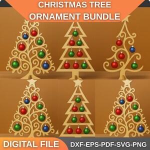 May include: A collection of wooden Christmas tree ornaments in various designs, each adorned with colorful baubles. The ornaments include tree-shaped and stylized designs, with red, green, and blue ornaments. The text "CHRISTMAS TREE ORNAMENT BUNDLE" and "DIGITAL FILE" are visible.