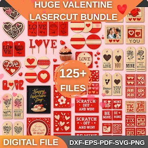 Può includere: Una collezione di file per taglio laser per San Valentino. L'immagine presenta vari design a forma di cuore rossi e beige, etichette e cartelli con frasi come "Love" e "Be Mine". Il pacchetto include oltre 125 file.