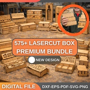 Könnte beinhalten: Eine Sammlung lasergeschnittener Holzkisten in verschiedenen Größen und Designs. Die Kisten sind hellbraun und weisen komplizierte Muster und Fächer auf. Der Text "575+ LASERCUT BOX PREMIUM BUNDLE" und "DIGITAL FILE" ist im Bild enthalten.