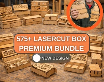 May include: A selection of laser-cut wooden boxes in different shapes and sizes. The boxes are a light brown colour and have detailed patterns and internal compartments. The image includes the text "575+ LASERCUT BOX PREMIUM BUNDLE" and "DIGITAL FILE".