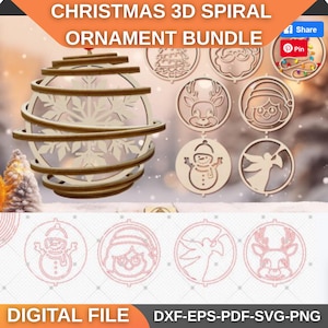 Może przedstawiać: Zestaw drewnianych ozdób świątecznych, w tym wzór 3D w kształcie spirali i różne okrągłe ozdoby z postaciami świątecznymi. Ozdoby przedstawiają bałwana, anioła, renifera i Świętego Mikołaja. Widoczny jest tekst "CHRISTMAS 3D SPIRAL ORNAMENT BUNDLE".