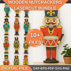 Può includere: Pacchetto di taglio laser di schiaccianoci in legno. L'immagine mostra una collezione di schiaccianoci in legno in vari colori e design. Lo schiaccianoci principale è rosso, con un cappello verde e un tamburo. Il testo "10+ FILES" è visibile.