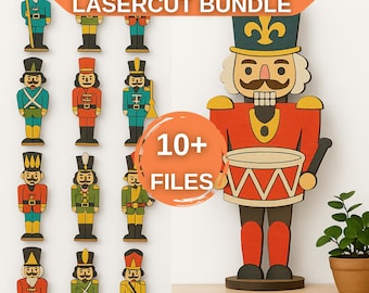 May include: Wooden nutcracker laser cut bundle. The image shows a collection of wooden nutcrackers in various colours and designs. The main nutcracker is red, with a green hat and a drum. The text "10+ FILES" is visible.