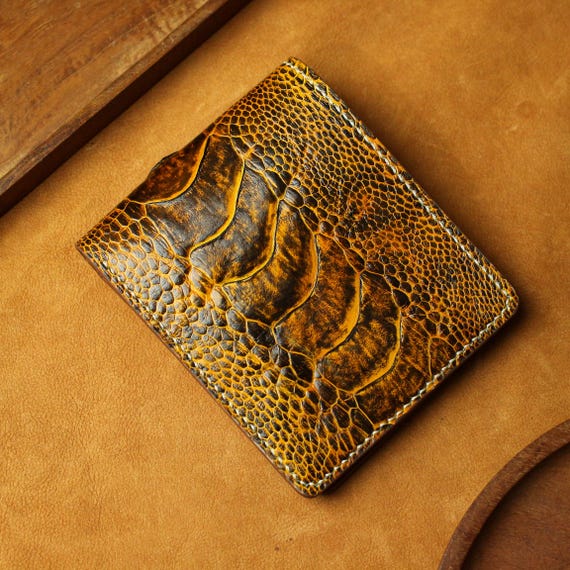 Handmade Orange Ostrich Leather Bifold Wallet