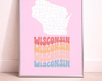 Wisconsin Map Print, Retro USA State Art, Pink Minimalist Decor (Digital Download)