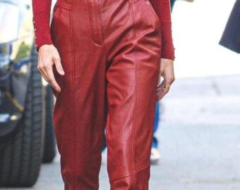 handmade Women’s Red Lambskin Leather Trousers | Genuine Leather Pants for Women | Custom Bottoms