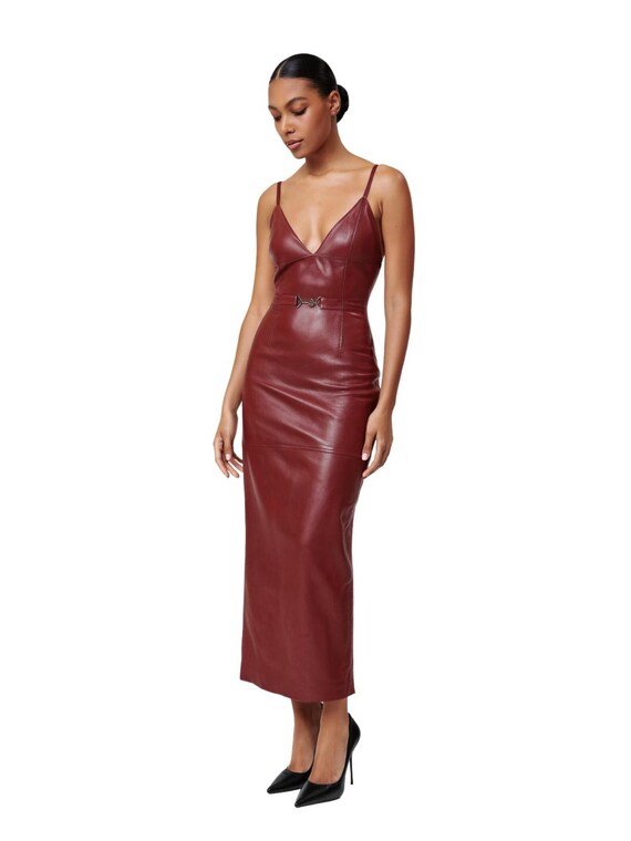 Handmade Burgundy Leather Midi Dress Spaghetti Strap Lambskin Evening Dress Handmade Burgundy Leather Midi Dress Spaghetti Strap Lambskin Evening Dress