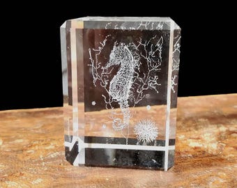 Small Seahorse Paperweight, 3D Laser Etched Crystal Glass Cube, Clear