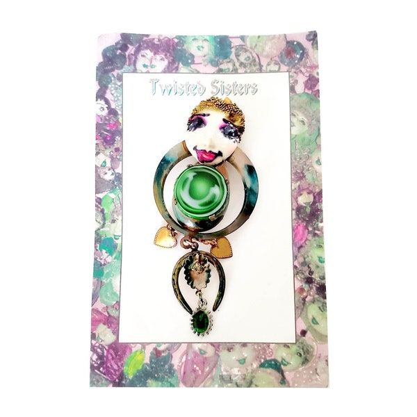 Twisted Sisters Jewelry Porcelain Face Brooch Gypsy Green Agate Lucky Horseshoe Wearable Art Pin Upcycled Jewelry OOAK Unique One of a Kind