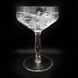 Tiffin Glass 13632 Princess Etch Poppy Flower Vine Stemware Panel Optic Coupe Wine Glass Port Sherry Sherbet