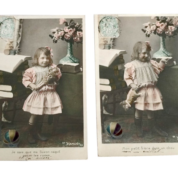 Set of Antique Postcards Diamant Young Girl Pink Dress with Doll, Books, and Pink Roses France 1905 RPPC Real Photo Postcard Carte Postale