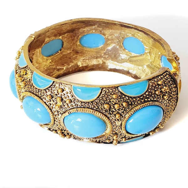 Clamper Bracelet w/ Blue Turquoise Cabochons & Enamel Textured Gold Tone 1.25 inch Wide Size 7.25 Beautiful Unique