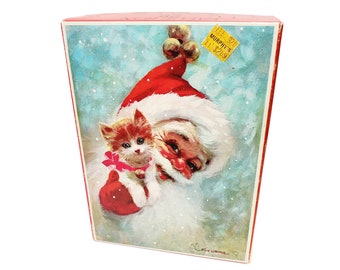 Vintage Santa Claus & Tabby Kitten Christmas Card Storage Box Dick Osborne Artist
