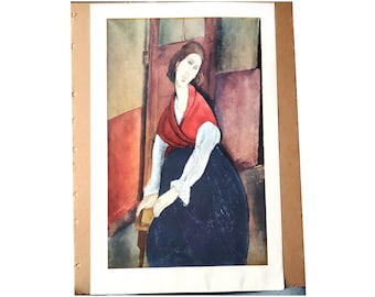 Vintage Modigliani Print, Jeanne Hebuterne in Red Shawl, Lithograph, 1950s