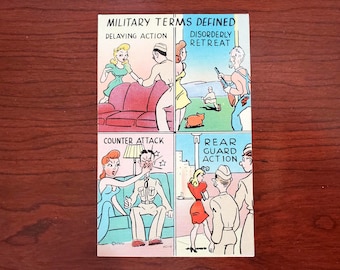 Postal vintage de humor militar de la Segunda Guerra Mundial: Serie de cómics del ejército MWM