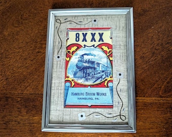 Etiqueta vintage de Hamburg Broom Works, Hamburg, PA, 8XXX, Tren de vapor, Marco plateado de 5x7