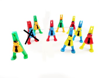 Vintage Lot of Clothespins: Hard Plastic Men with Ties, Colorful Clothespins, Fun Novelty