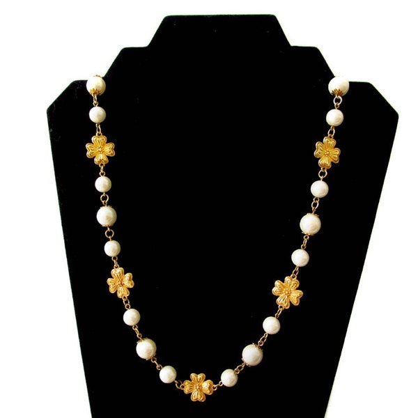 Trifari Pearl Necklace Goldtone 4 Leaf Clovers Shamrocks 22" Long Necklace Trifari Timeless Classic Elegant Career Woman