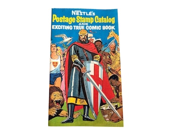 Catálogo de sellos postales antiguos de Nestlé y emocionante folleto del verdadero rey de Portugal en formato cómic.