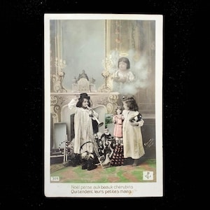 Antique Christmas Postcard 2 Girls Toys Cherub Noel Carte Postale Chateaubriant France French Merry Christmas Fireplace Mantel Used 1909
