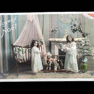 Antique Christmas Postcard 2 Girls Doll Toys Christmas Tree w/ Real Candles Sazerac Croissant Paris France Carte Postale French Joyeux Noel