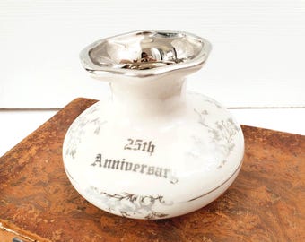 Jarrón vintage Elynor China del 25.º aniversario: porcelana plateada dorada, década de 1950
