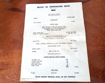Menú de cena de 1960 del buque USNS General Maurice Rose de la Armada de los EE. UU. (T-AP-126). Papel con membrete de transporte marítimo militar.
