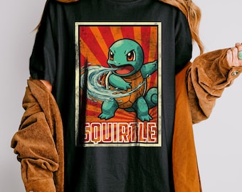 Camiseta Squirtle Water Blast, camiseta estilo póster retro de Pokémon, camiseta gráfica de anime para gamers, regalo adorable para fans de monstruos