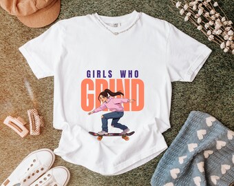 Girls Who Grind Skateboarder T-Shirt, Retro Skate Girl Illustration Tee