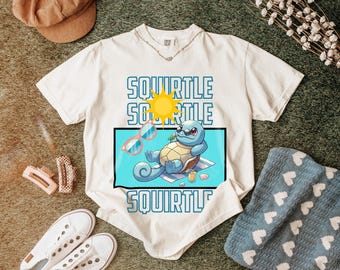 Camiseta de dibujos animados de Squirtle en la playa, camiseta retro de verano con estampado de tortuga, camiseta de vacaciones de anime Pokémon, lindo regalo para fans de los videojuegos