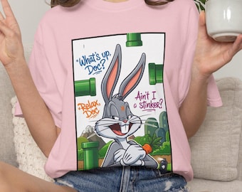 Bugs Bunny Cartoon Charakter T-Shirt, Grafik-Kaninchen-T-Shirt, Retro Comic-Stil, Looney Toons, Rohrstilhintergrund, Graffiti, Käfer